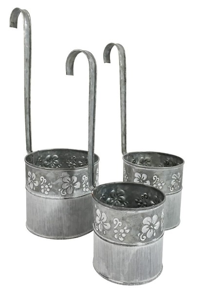 3er Set Hängender Blumentopf Zink Vintage-Stil mit Haken Balkon Hängetopf Grau