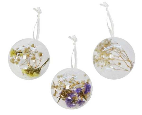 Christbaumkugeln Klarglas gefüllt mit Trockenblumen 3 Stück Weihnachtskugeln 8 cm