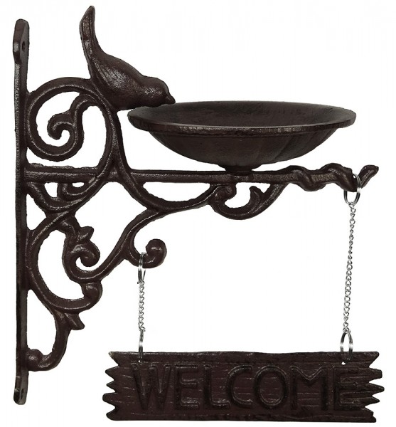 Vogeltränke Welcome-Schild Wandvogeltränke Futterschale Vogelbad Gusseisen Braun