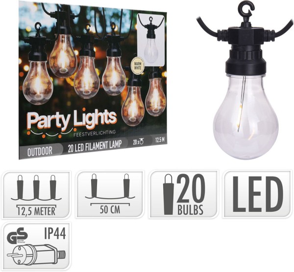Lichterkette Glühbirne Retro Outdoor 20 LED Filament 12,5m Garten-Party Außen