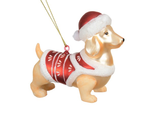 Christbaumschmuck Dackel Hund mit Weihnachtsmütze Christbaumanhänger Echt Glas