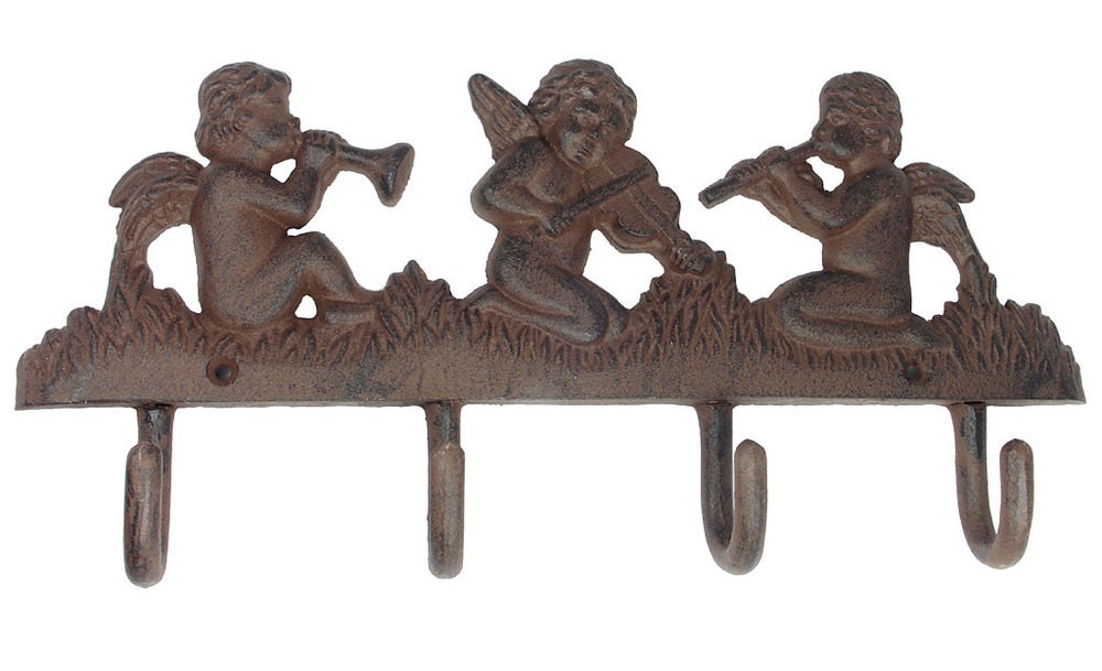 Wandgarderobe Engel Gusseisen Antik-Braun musizierend 4 Haken