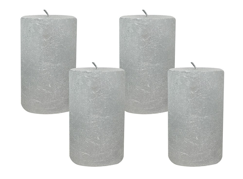 4 Rustic Stumpenkerzen Premium Kerze Silber lackiert 6x10cm – 38 Std Brenndauer