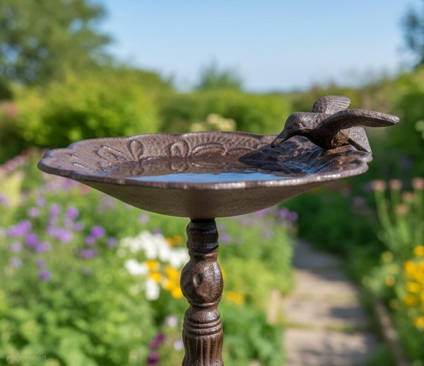 Vogeltränke auf Fuß mit Vogel Vogelbad Futterschale Gusseisen Antik-Stil Braun
