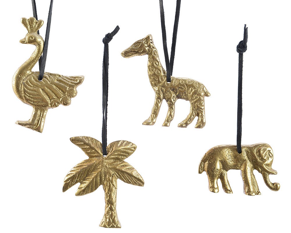 Christbaumfiguren Safari gold 4 Stück Elefant Giraffe Palme Pfau Christbaumschmuck