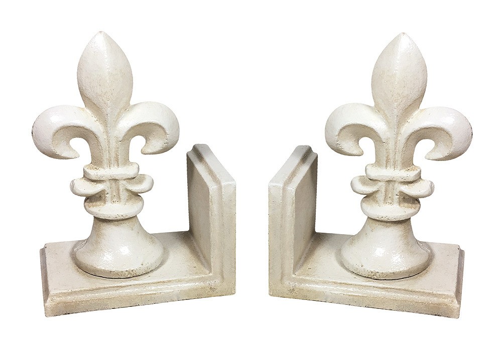 Buchstützen Französische Lilie Fleur-de-Lys 2 Stück Gusseisen Antik-Stil Weiß