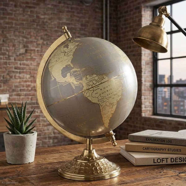 Design Globus Grau-Gold Ø 20cm – Edle Weltkugel mit Metallfuß für Büro & Deko