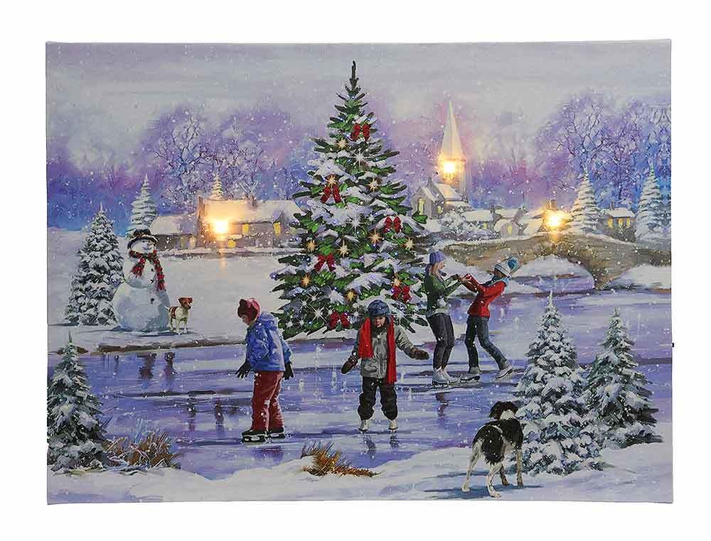 LED Bild Winterlandschaft Beleuchtet Schlittschuhläufer Weihnachtsbaum 28x38cm