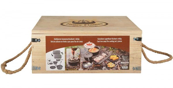 Dutch Oven Set 7-teilig Outdoor Kochset Gusseisen Lagerfeuer Grillplatte Pfanne Topf