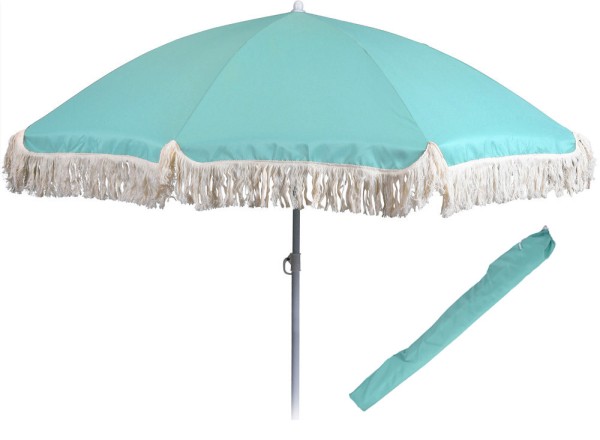Sonnenschirm BALI Türkis mit Fransen UV Schutz Knickbar Erdspieß Ø 160cm