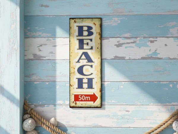 Blechschild BEACH 50m Retro Vintage-Deko Wegweiser Nostalgie Dekoschild 36x13cm