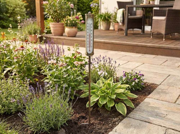 Gartenstecker mit Thermometer Vintage-Stil Eisen Braun Gartenthermometer 115cm