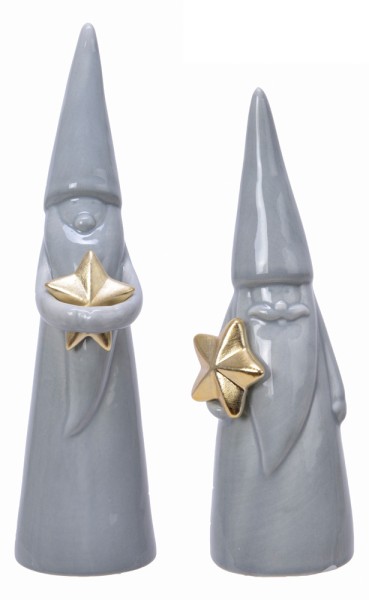 2 Weihnachtszwerge Dekofiguren mit Stern in Gold / Grau Weinachtsmann Nikolaus Figuren