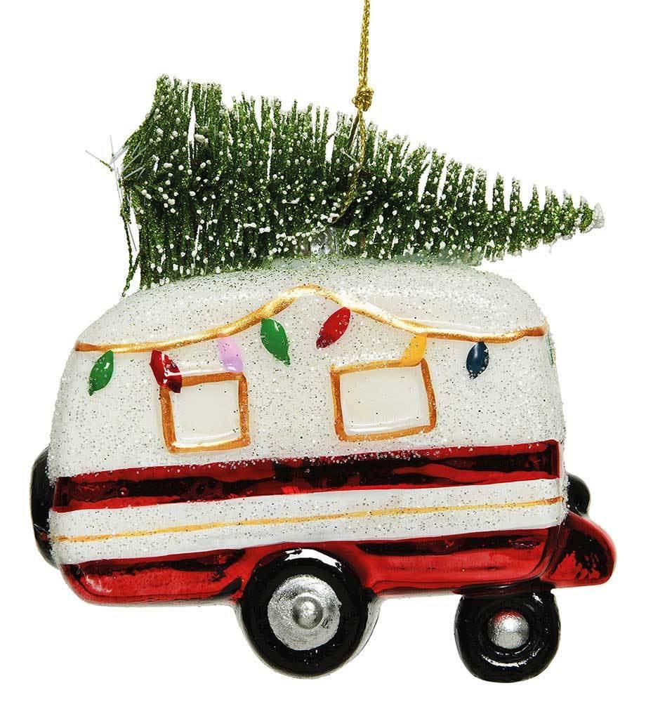 Christbaumschmuck Camping Wohnwagen mit Weihnachtsbaum Glas Christbaumanhänger