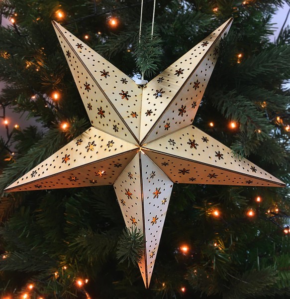 LED Holzstern Schneeflocke Weihnachtsstern 3D Warmweiß Batterie Timer 40cm