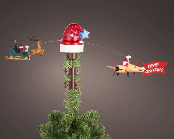Christbaumspitze mit fliegendem Weihnachtsschlitten Flugzeug Bewegung Musik LED