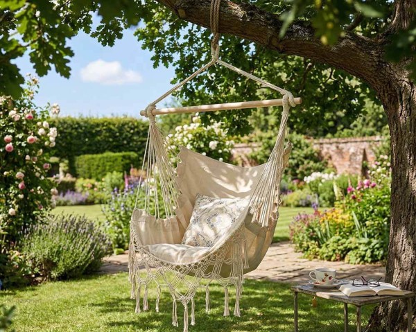 Hängesessel Ibiza Fransen Hängestuhl Beige Natur Boho Style Hippie Outdoor Camping