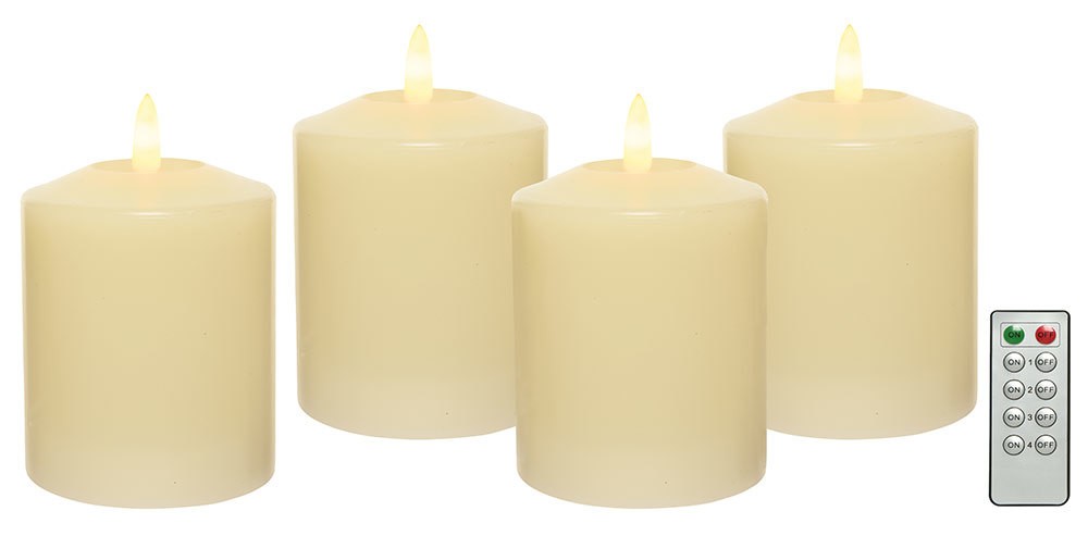 LED Kerzen 4 Stück Stumpenkerze Echtwachs Elfenbein Weiß flackernd Fernbedienung