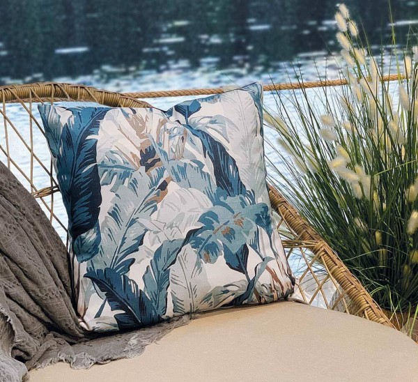 Outdoor Kissen Palmblatt 2 Stück Wasserabweisend Palme Blau Weiß Tropisch 45x45cm