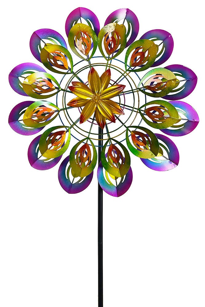 Doppelwindrad Sonnenblume Windrad Bunt doppelt Gartenstecker Windspiel 185cm
