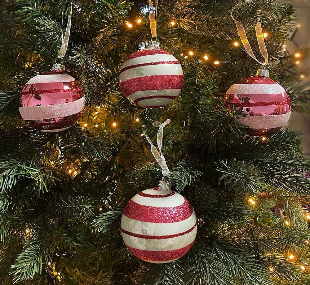 Christbaumkugeln Pink Weiß Glitzer gestreift 6 Stück Weihnachtskugeln Echt Glas