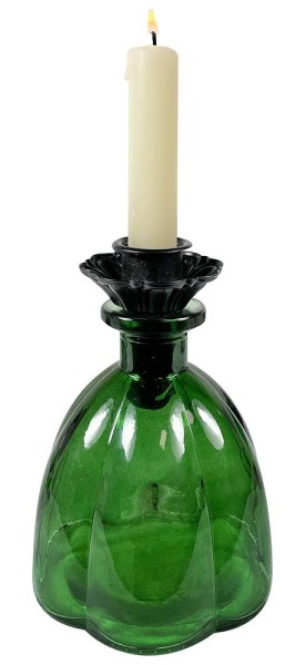 Vase Glas Grün mit Kerzenhalteraufsatz Schwarz Flaschenaufsatz Vintage Dekovase