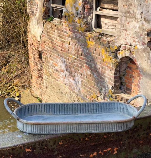 Tablett Zink Oval mit Griffen Dekotablett Vintage Antik-Stil 36x14cm