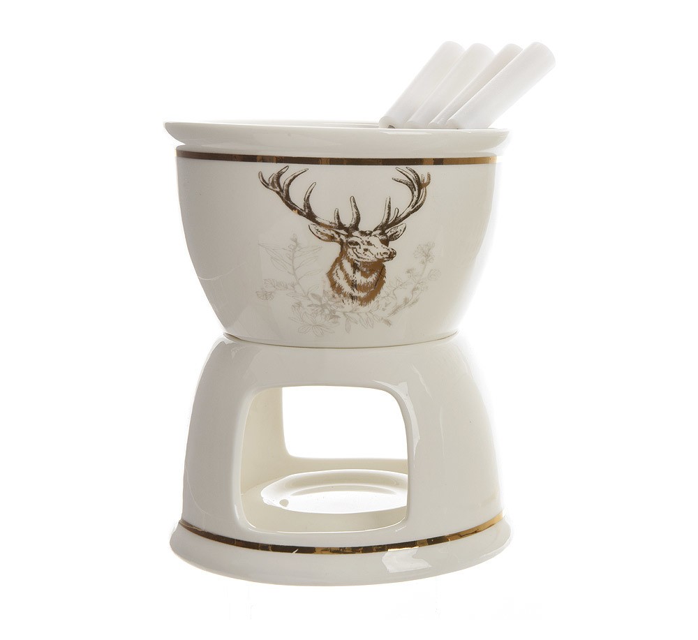 Schokoladenfondue Hirsch-Kopf Weiß Gold Schokofondue 6-teilig Schoko Fondue