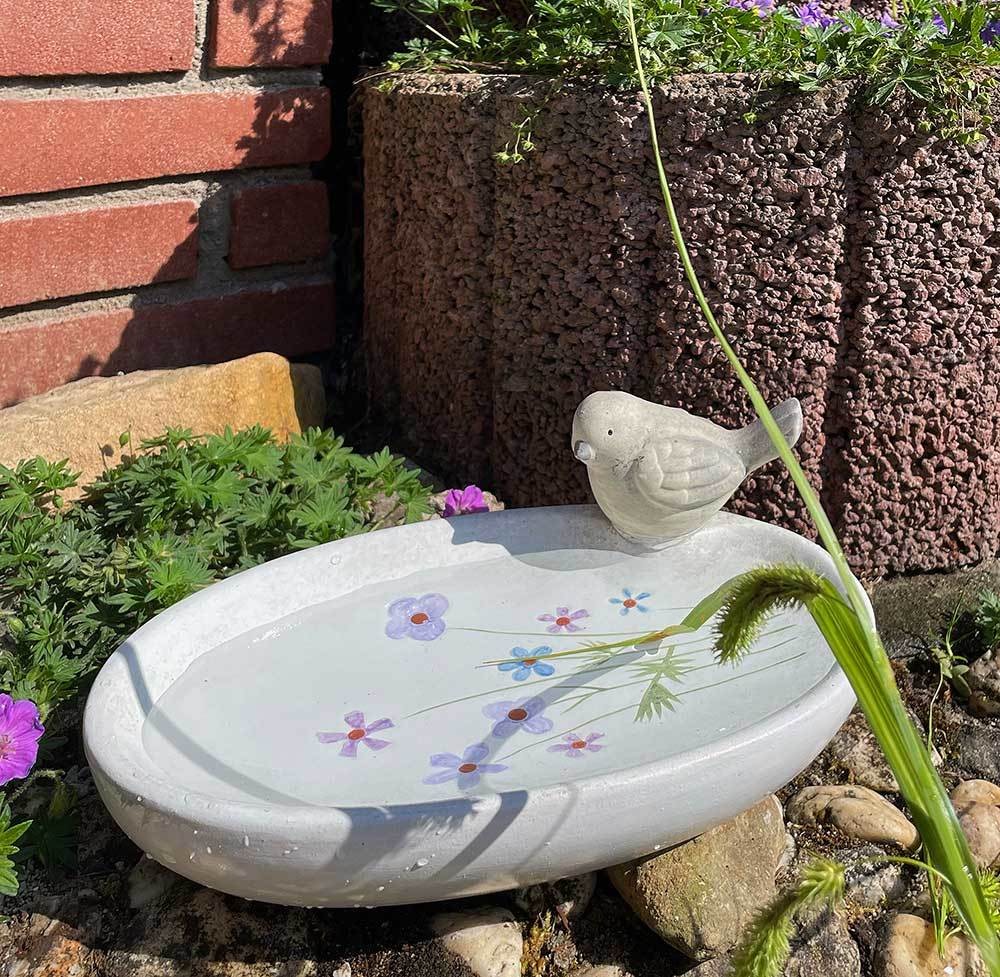 Vogeltränke mit Vögelchen Keramik Weiß Blumen Lila Vogelbad Oval Vintage 23cm