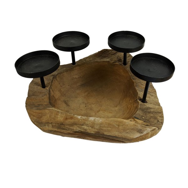 Adventskranz Schale Holz zum Dekorieren 4 Kerzenhalter Tischleuchter Teak Rund