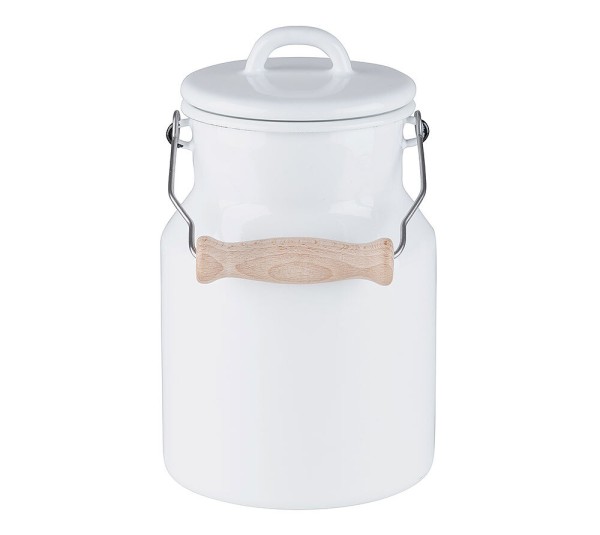 Riess Oma`s Milchkanne mit Deckel & Holzgriff Emaille Weiß 1,5L
