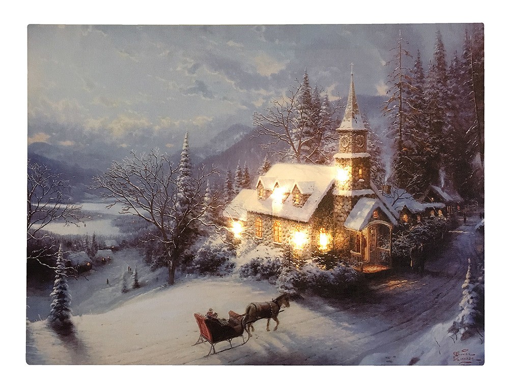 LED Bild Winterlandschaft Kirche in den Bergen Weihnachten Leinwand Wandbild 28x38cm