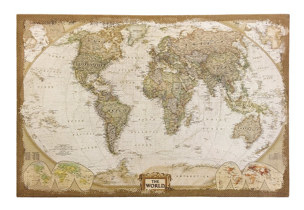 Wandbild Weltkarte Leinwand Stoff Landkarte Atlas Nostalgie Antik-Stil 38x58cm