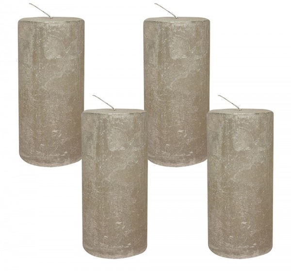 4 Rustic Stumpenkerzen Premium Kerze Silber-Gold lackiert 7x15cm - 65 Std Brenndauer