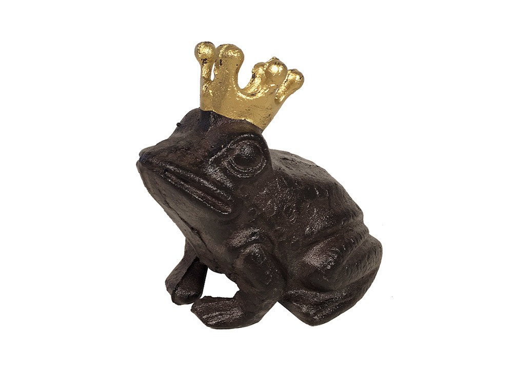 Froschkönig Figur Frosch mit goldener Krone Rustikal Gusseisen Antik-Braun