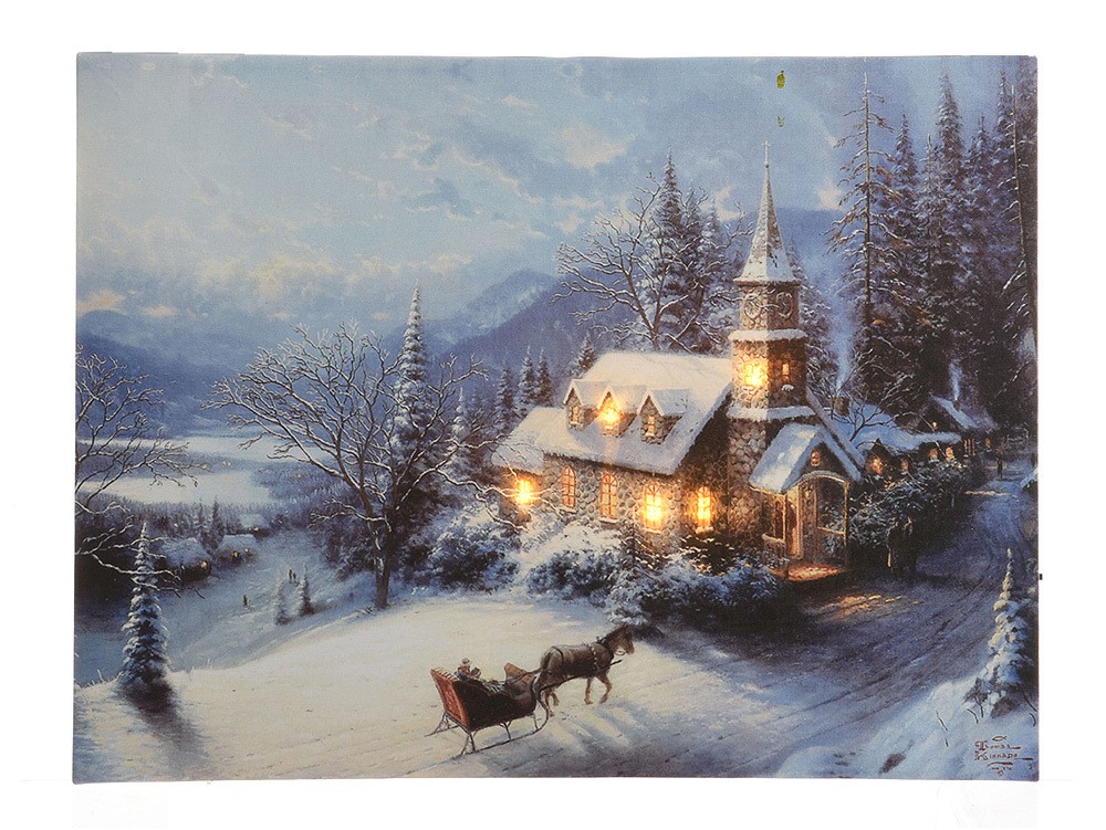 LED Bild Winterlandschaft Kirche in den Bergen Weihnachten Wandbild 38x58cm