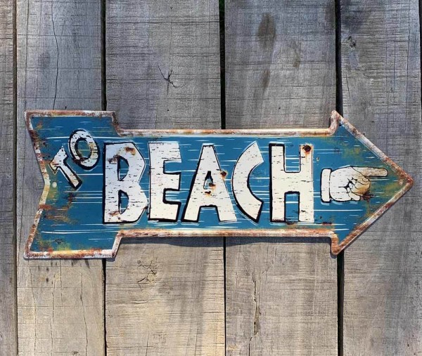 Nostalgie Blechschild TO BEACH Pfeil Wegweiser Strand Vintage Geprägt 50 x 19 cm