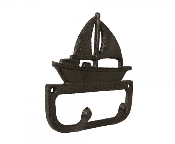 Garderobenhaken Segelboot Doppel-Haken Gusseisen Antik-Braun Maritim 14cm