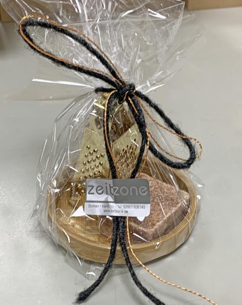 Orientalischer Duftstein Geschenkset Amber Musk mit Reibe Gold und Schale Bambus