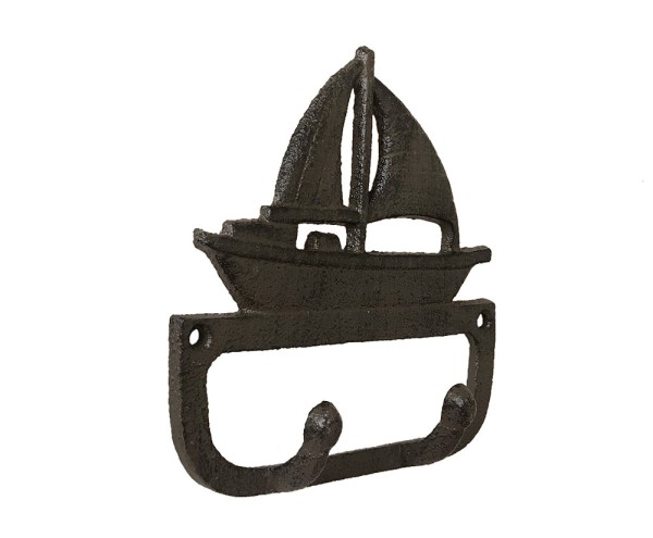 Garderobenhaken Segelboot Doppel-Haken Gusseisen Antik-Braun Maritim 14cm