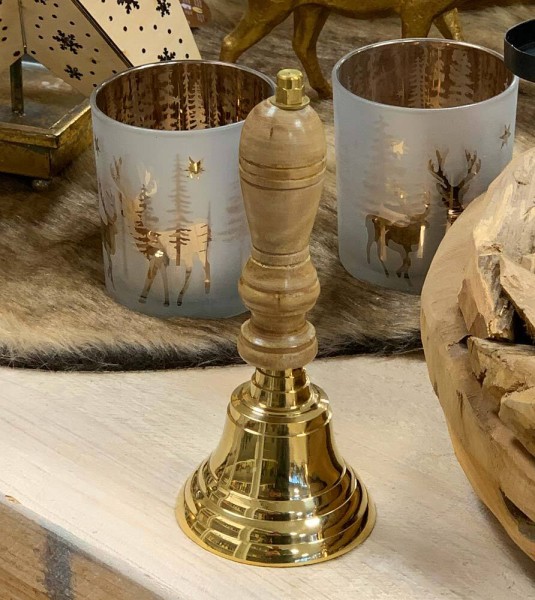 Handglocke Messing Gold mit Holzgriff lauter Klang Schule Weihnachten