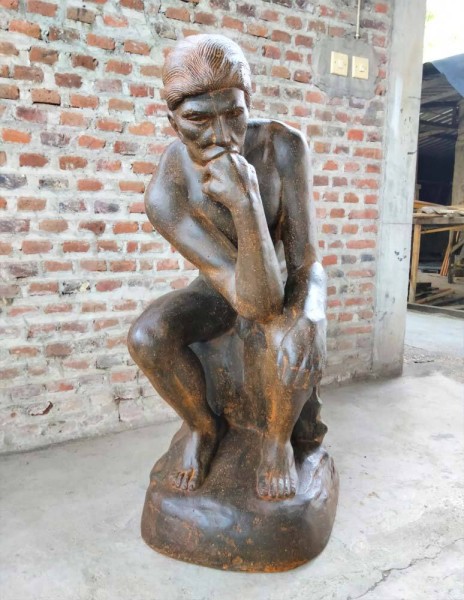 Figur Der Denker n. Rodin 110cm Groß Guss-Stein Frostsicher Garten Statue Schwarz-Rost