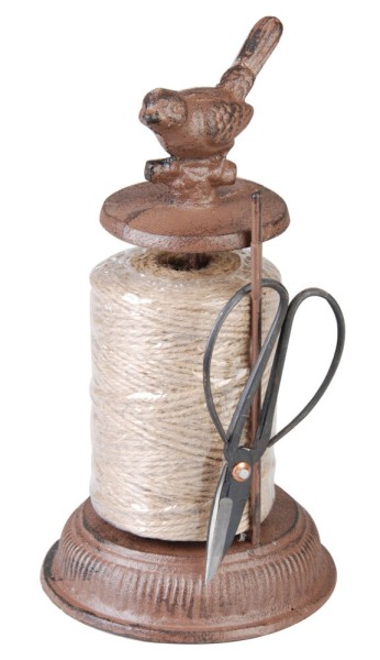 Garnspender mit Schere Vogel Spindel Gusseisen Antik-Braun Schnurspender