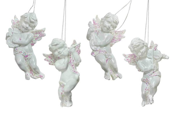 Christbaumschmuck Engelchen mit Instrument 4er-Set Weiß Glitzer Weihnachtsdeko