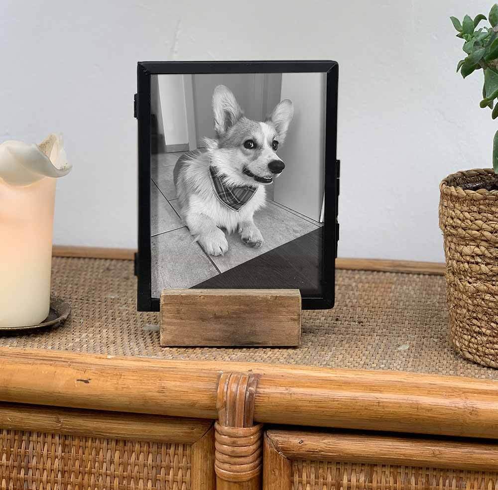 Bilderrahmen 2-seitig mit Holzfuß Stand Fotorahmen Metall schwarz Glas 13x17cm