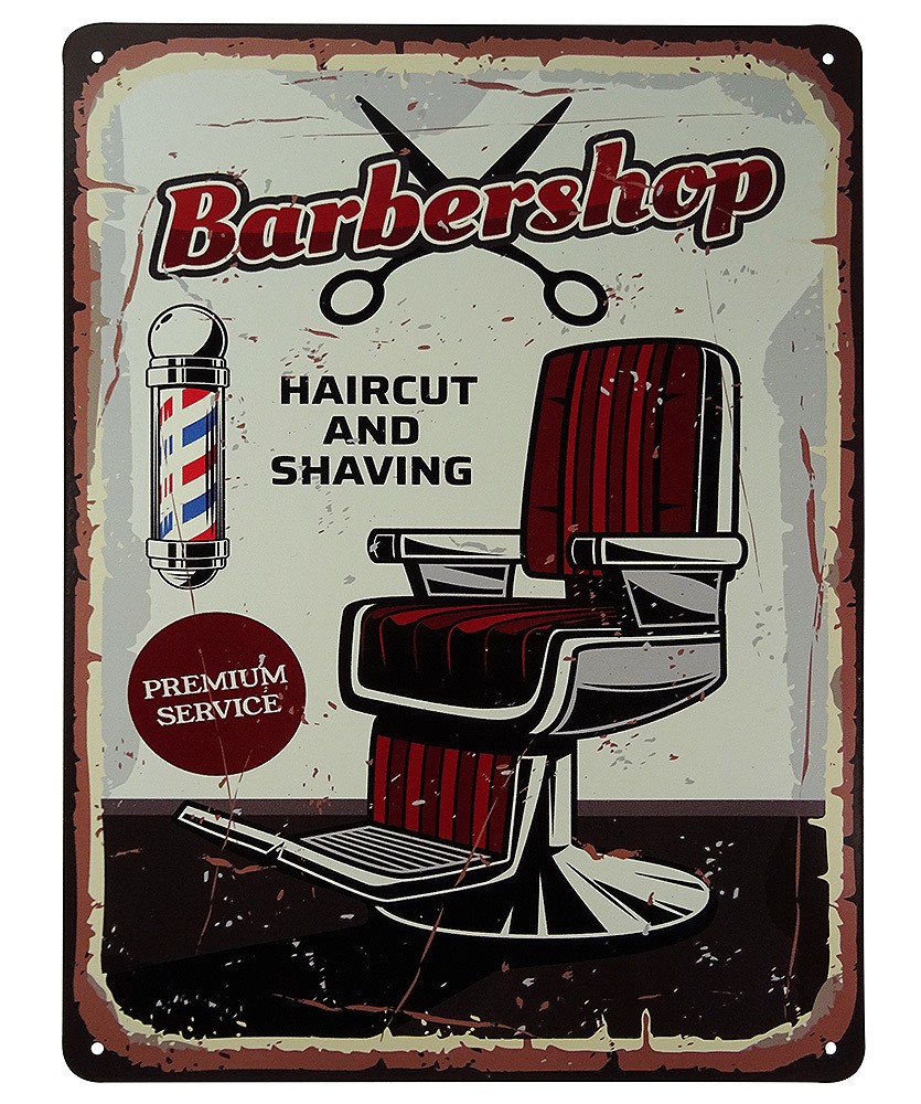 Blechschild BARBERSHOP Haircut and Shaving Dekoschild Nostalgie Vintage 33x25cm