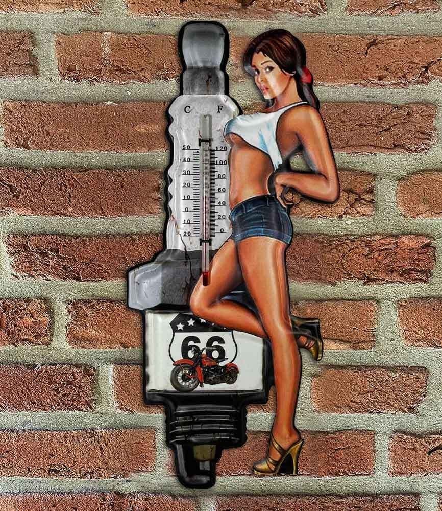 Wandthermometer ROUTE 66 Pin-Up Girl Vintage-Stil Thermometer Nostalgie Blechschild