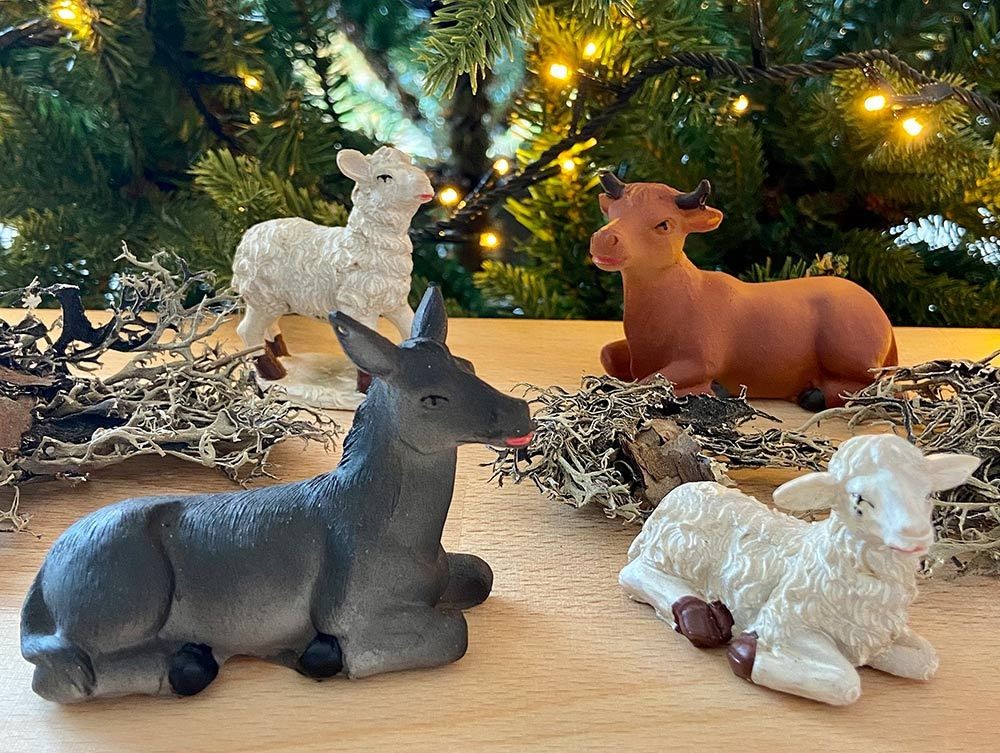 Krippenfiguren Tiere Set 4 teilig Ochse Esel Schafe Weihnachten 7cm