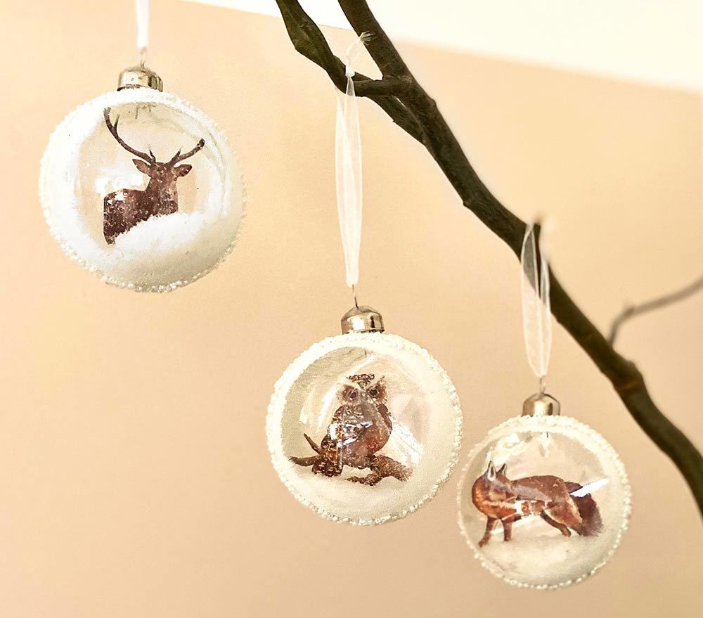 Christbaumkugeln Klarglas gefrostet Eule Fuchs Hirsch 3 Stück Weihnachtskugeln Christbaumkugeln Klarglas gefrostet Eule Fuchs Hirsch 3 Stück Weihnachtskugeln