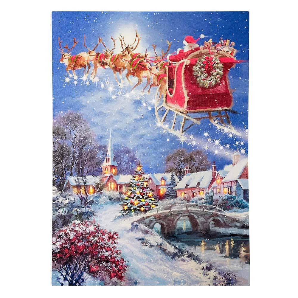 LED Bild Winterlandschaft Weihnachtsmann Rentier Schlitten Leinwand Wandbil günstig online kaufen